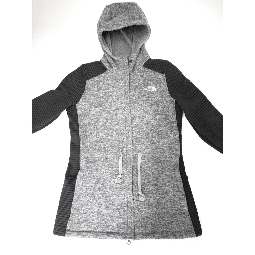 The North Face Womens Gray Black Ribbed Full Zip Fleece Hooded Jacket Size M